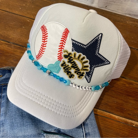 Baseball Themed White trucker  Cap with baseball - Picture 1 of 5